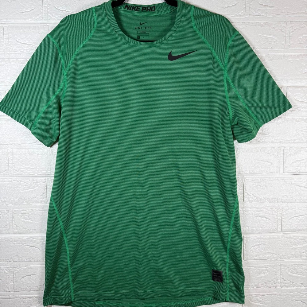 Nike Pro Dri-FIT Shirt Mens Large Green Short Sleeve Fitted Training Top